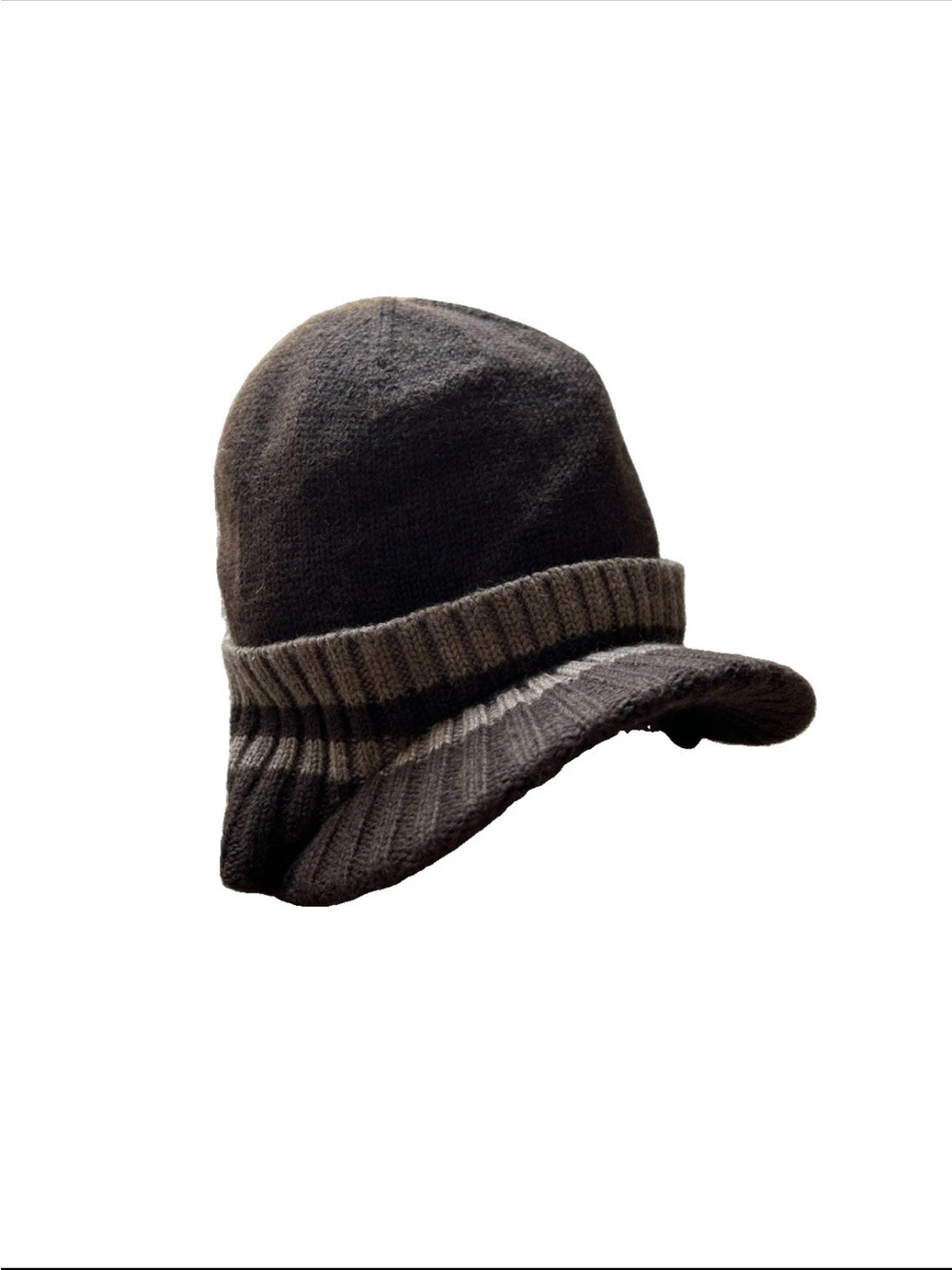 Y2K Brown Striped Knit Beanie Visor Wool Ski Hat Granola Girl Earthcore Gorpcore